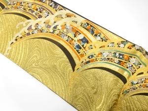 荒波に花模様織り出し　振袖用袋帯